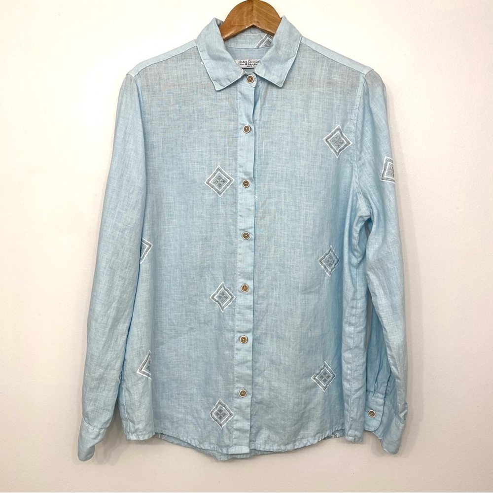 Haris Cotton Linen Shirt Blue Button Front Embroidered Women’s M